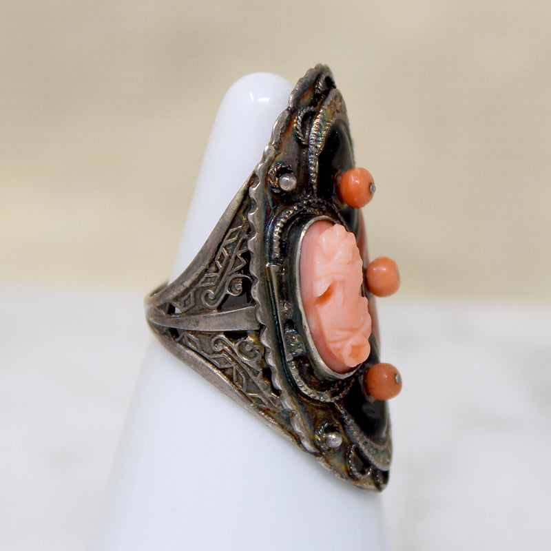 Wild Art Deco Sterling & Enamel Cameo Ring