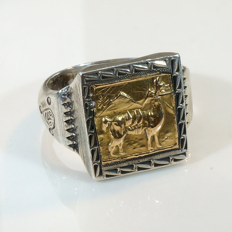 Peruvian Llama Signet Ring in Silver & 18k Gold