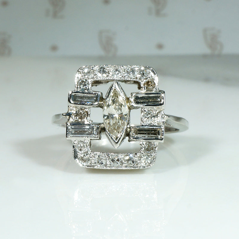 Captivating Marquise, Baguette & Round Diamond Deco Ring