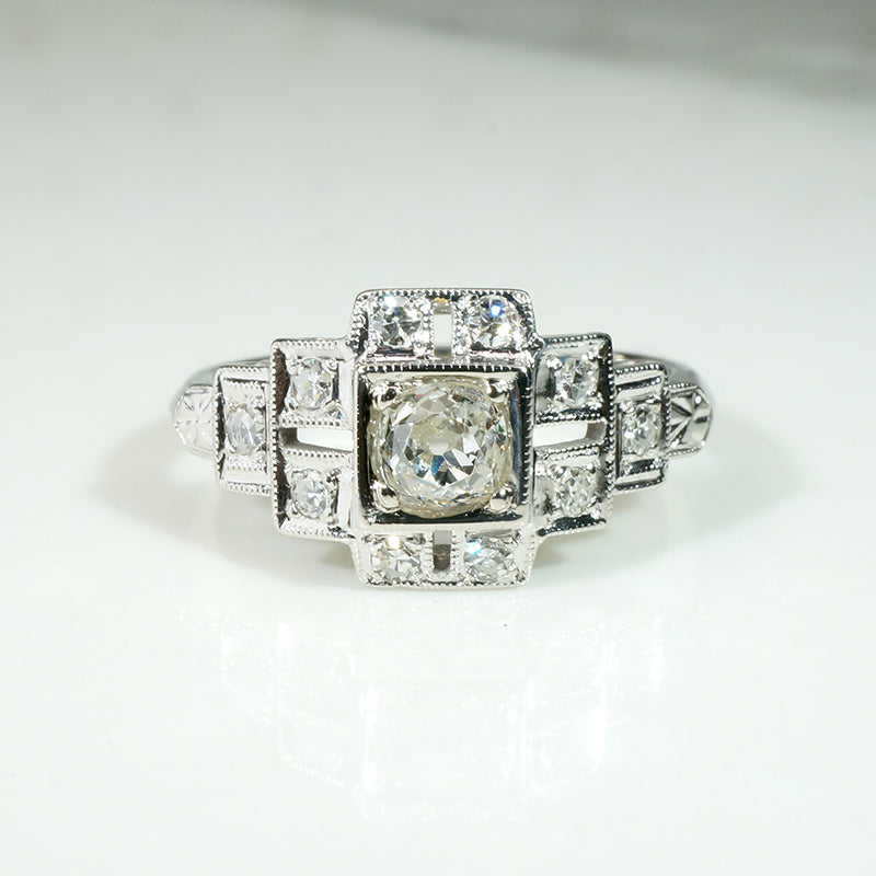 Geometric Art Deco Old Mine Cut Diamond Engagement Ring
