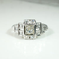 Geometric Art Deco Old Mine Cut Diamond Engagement Ring