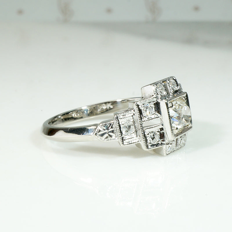 Geometric Art Deco Old Mine Cut Diamond Engagement Ring