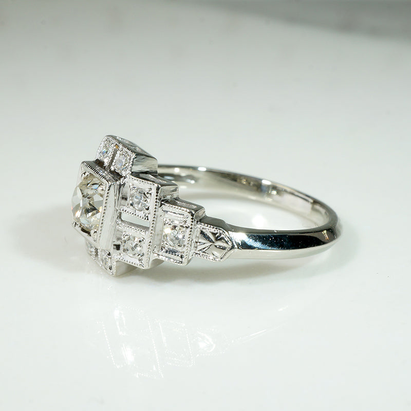 Geometric Art Deco Old Mine Cut Diamond Engagement Ring
