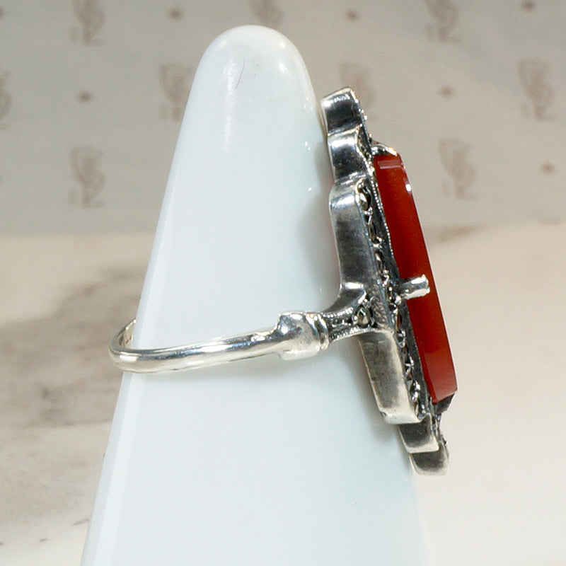 Jazz Age Carnelian Marcasite & Sterling Silver Ring