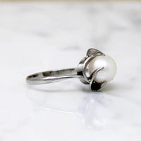 Mid Century Pearl & Sterling Silver Solitaire Ring