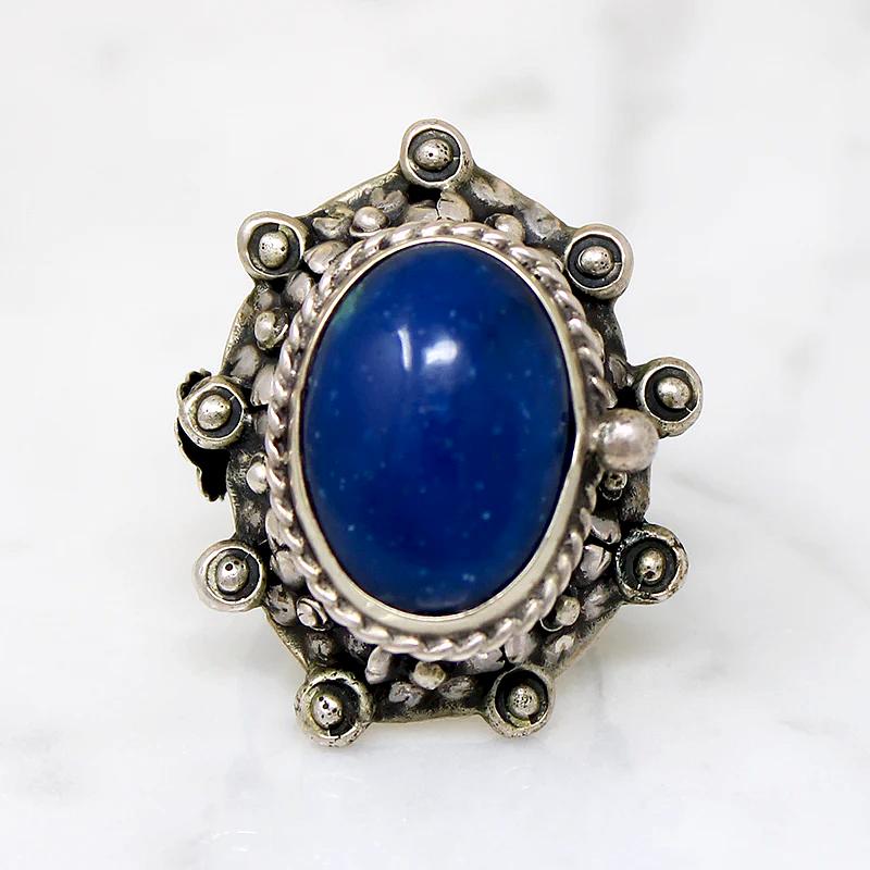 Silver Flower & Lapis Mexican Statement Ring with Hidden Compartment