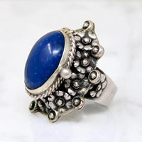 Silver Flower & Lapis Mexican Statement Ring with Hidden Compartment