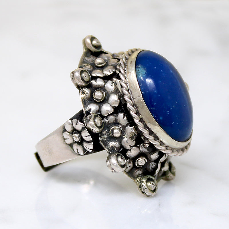 Silver Flower & Lapis Mexican Statement Ring with Hidden Compartment