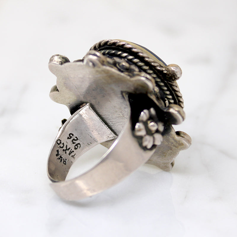Silver Flower & Lapis Mexican Statement Ring with Hidden Compartment