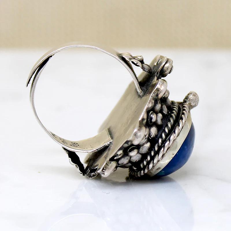 Silver Flower & Lapis Mexican Statement Ring with Hidden Compartment