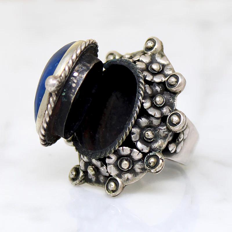 Silver Flower & Lapis Mexican Statement Ring with Hidden Compartment