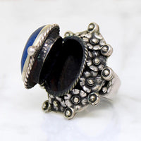 Silver Flower & Lapis Mexican Statement Ring with Hidden Compartment