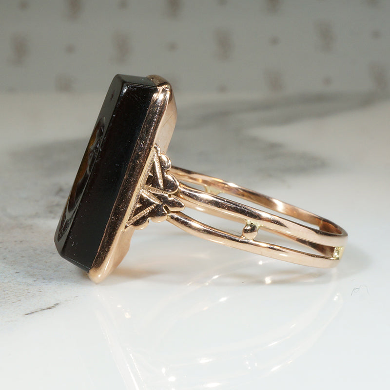 Mercury Onyx Intaglio in Rosy Gold Edwardian Ring