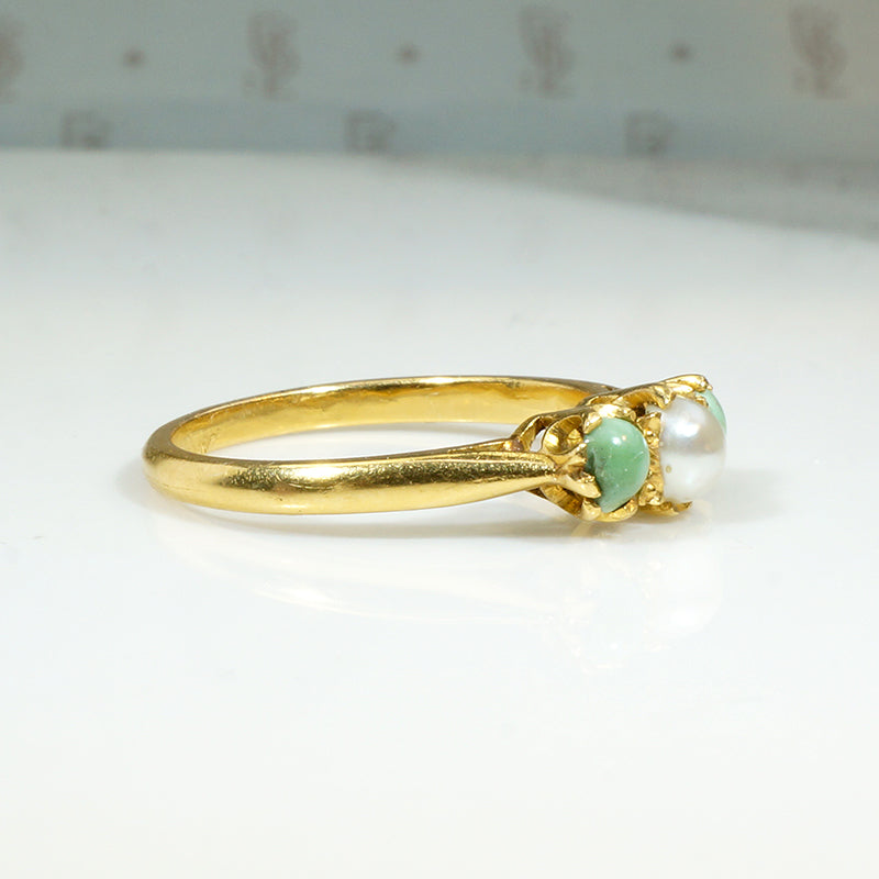 Delicate Pastel Green Turquoise & Pearl in 22k Gold Ring