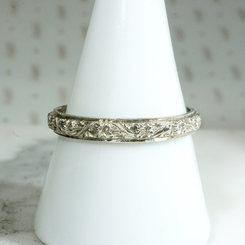 Highly Detailed Engraved White Gold Band Size 11.25