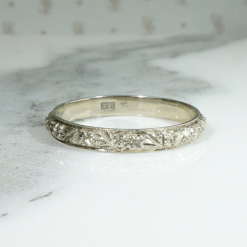 Highly Detailed Engraved White Gold Band Size 11.25