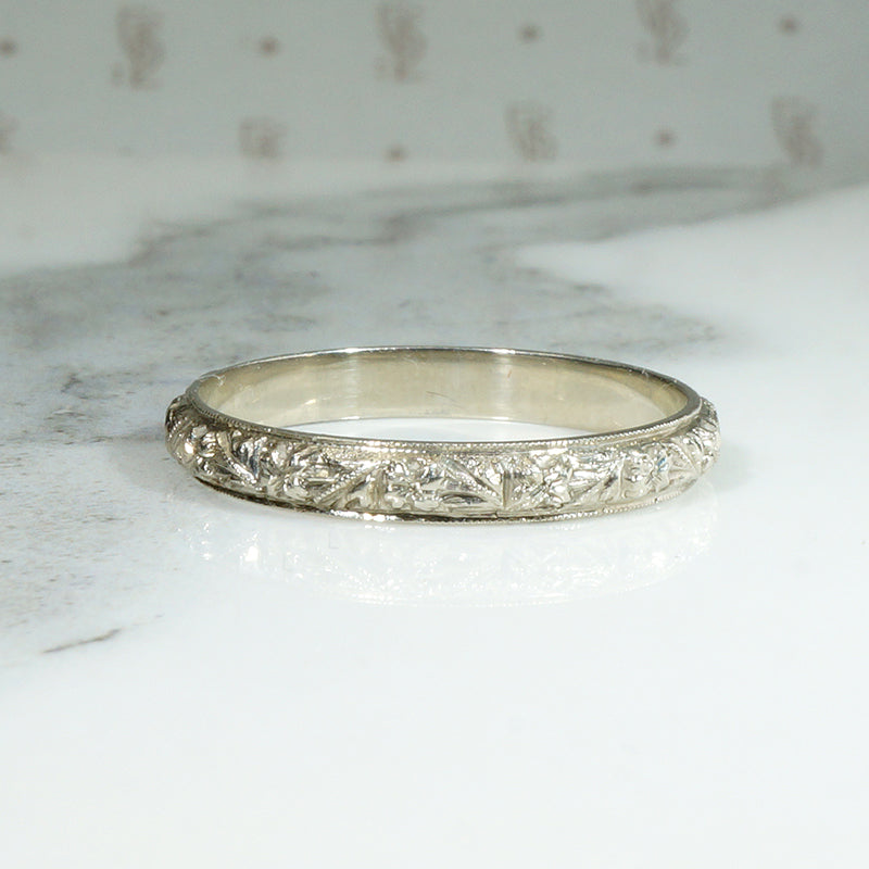 Highly Detailed Engraved White Gold Band Size 11.25
