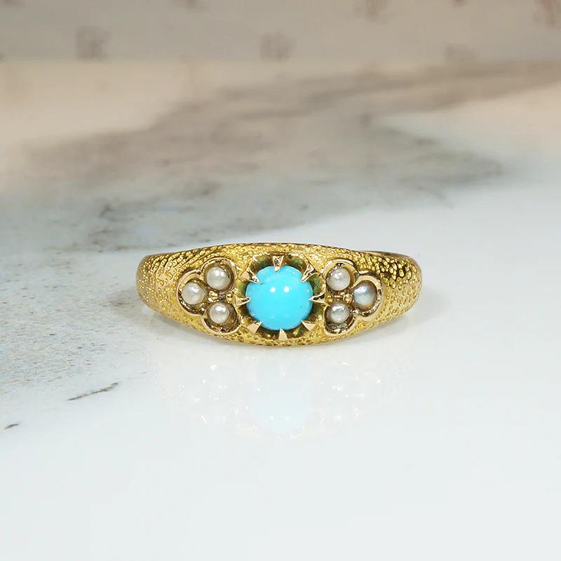 Endearing Victorian Band of 18k Gold Turquoise & Pearls