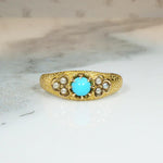 Endearing Victorian Band of 18k Gold Turquoise & Pearls