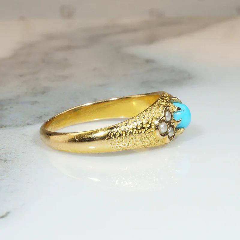 Endearing Victorian Band of 18k Gold Turquoise & Pearls