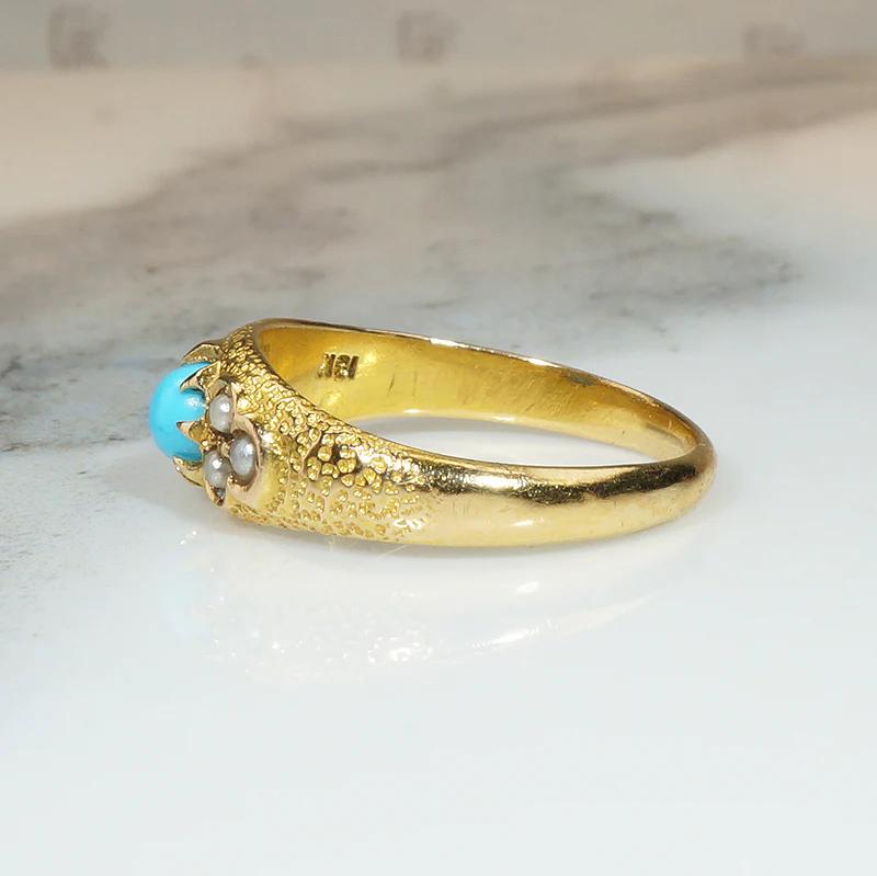 Endearing Victorian Band of 18k Gold Turquoise & Pearls