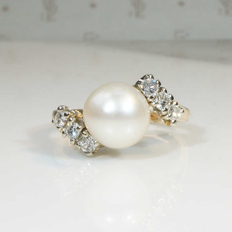 Vivacious Mid Century Diamond & Pearl Bypass Ring
