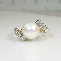 Vivacious Mid Century Diamond & Pearl Bypass Ring