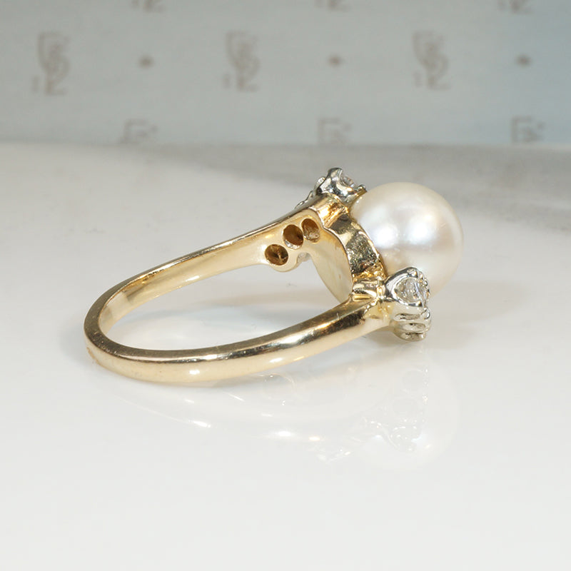 Vivacious Mid Century Diamond & Pearl Bypass Ring