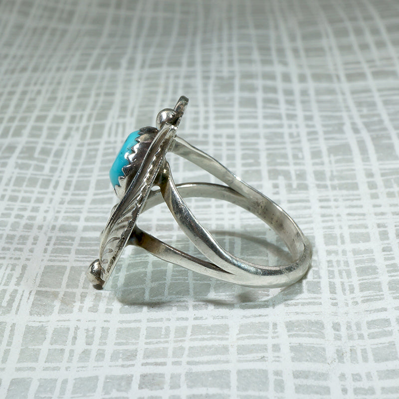 Turquoise Ring with Sterling Leaf & Flower