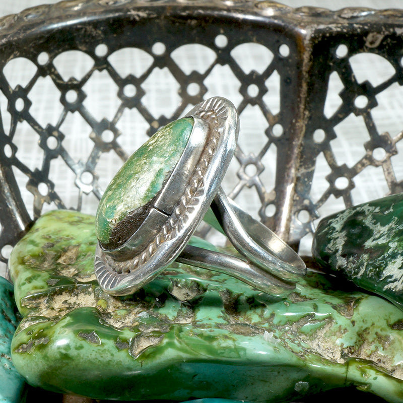 Eccentric Green Turquoise & Coin Silver Ring