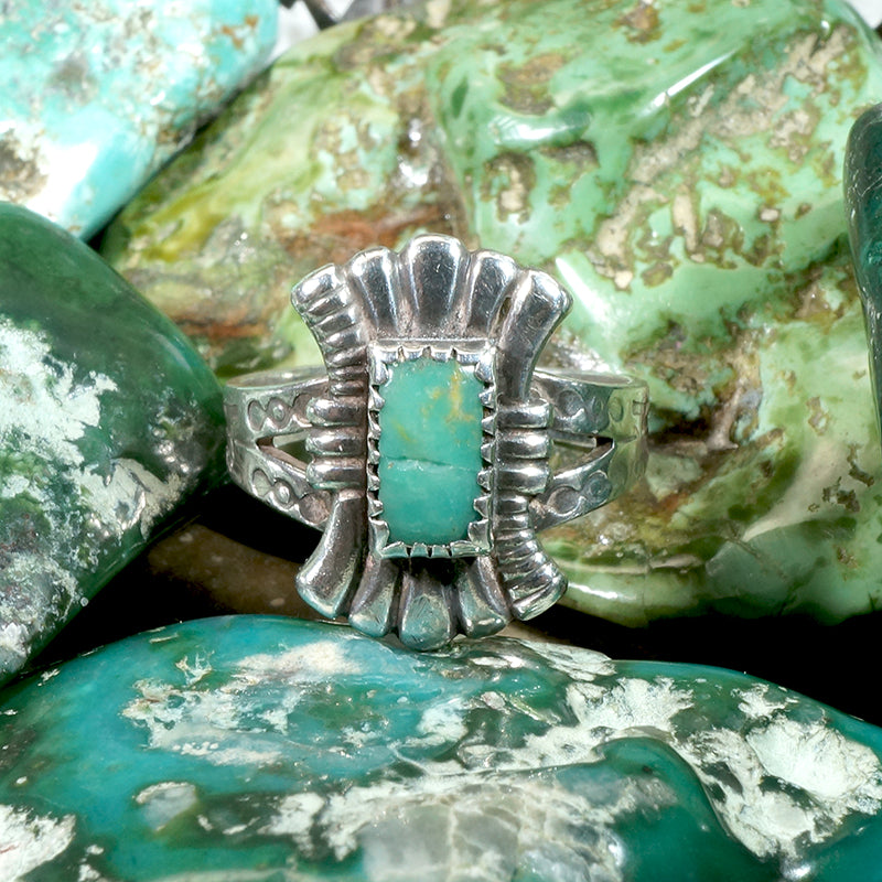 Rocker Stamp Turquoise & Coin Silver Ring