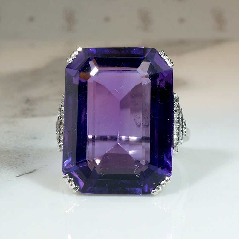 Amethyst & Diamond Step-Side Platinum Cocktail Ring
