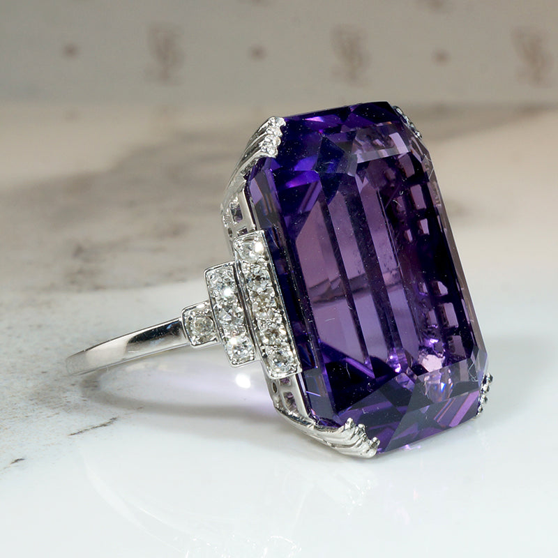 Amethyst & Diamond Step-Side Platinum Cocktail Ring