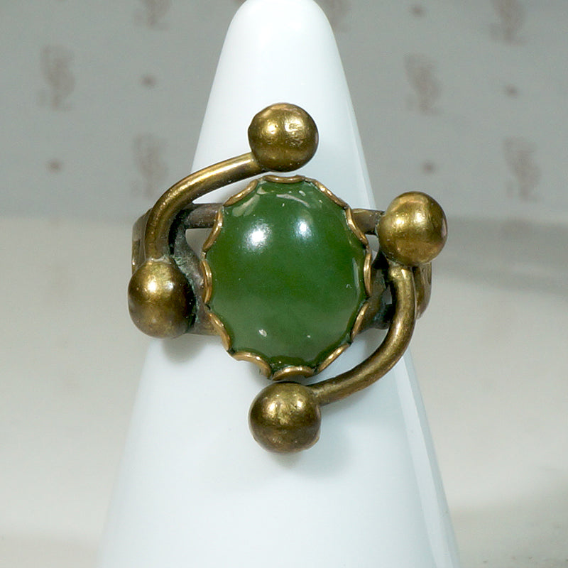 Strange Brass & Nephrite Jade 1960s Ring