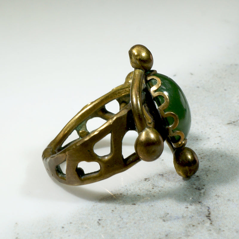 Strange Brass & Nephrite Jade 1960s Ring