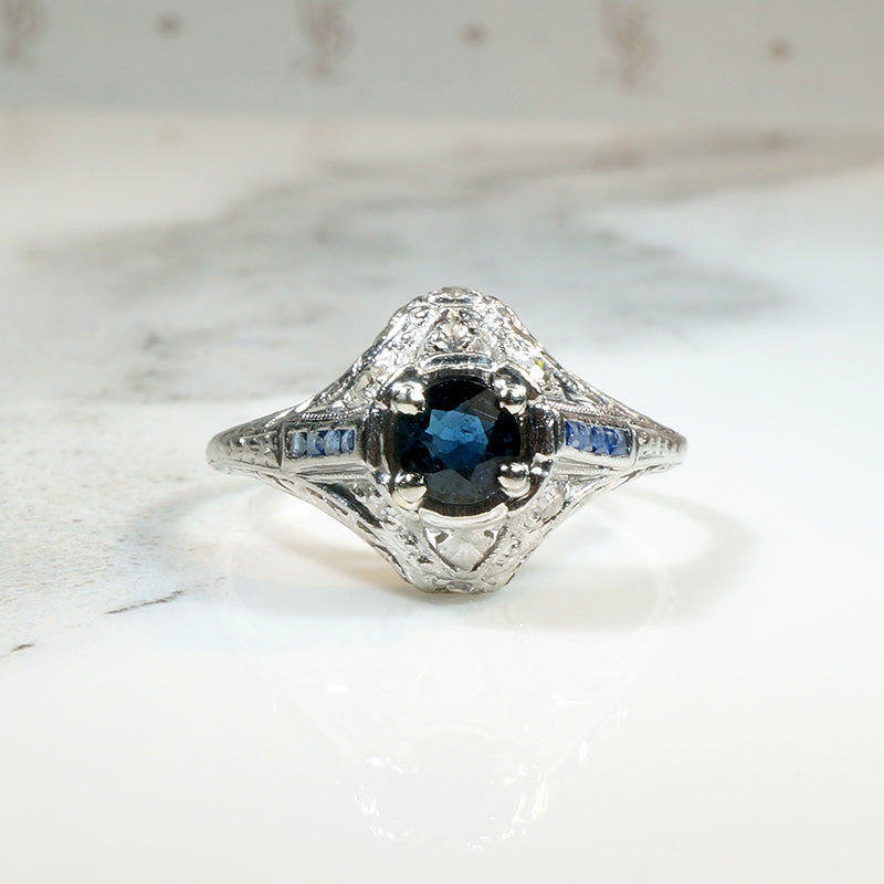 Sapphire & Diamond Platinum Filigree Ring with French Cut Accents