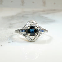 Sapphire & Diamond Platinum Filigree Ring with French Cut Accents