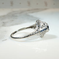 Sapphire & Diamond Platinum Filigree Ring with French Cut Accents