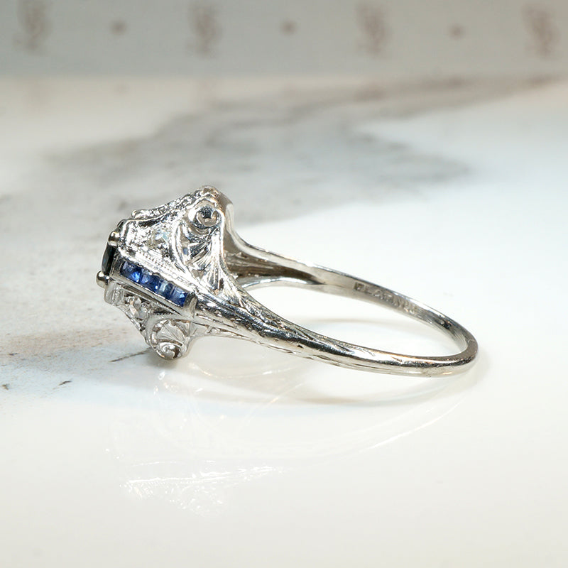 Sapphire & Diamond Platinum Filigree Ring with French Cut Accents