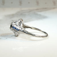Sapphire & Diamond Platinum Filigree Ring with French Cut Accents