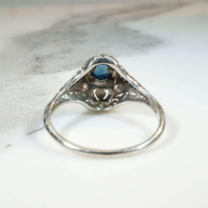 Sapphire & Diamond Platinum Filigree Ring with French Cut Accents