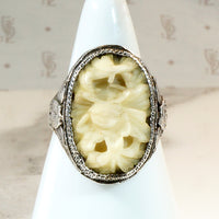 Chinese Carved Bone & Silver Filigree Ring