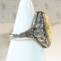 Chinese Carved Bone & Silver Filigree Ring