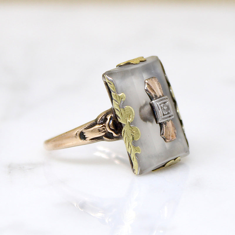 Camphor Glass Ring in Green, Rose & White Gold