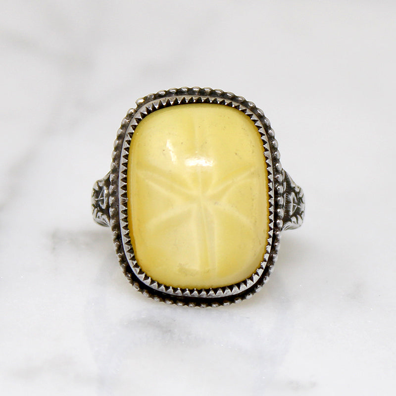 Yellow "Sand Dollar" Art Glass & Sterling Ring