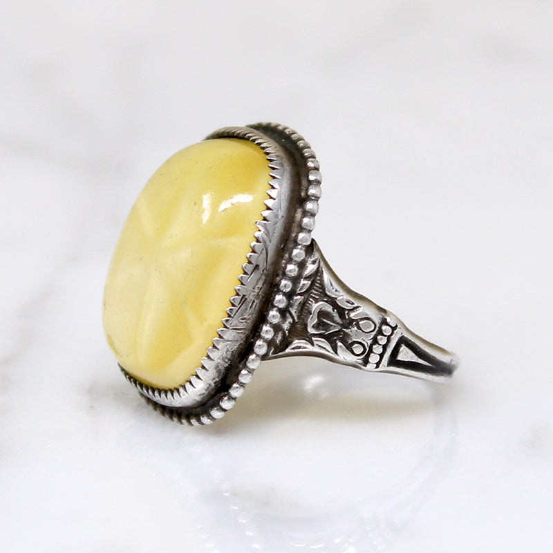 Yellow "Sand Dollar" Art Glass & Sterling Ring