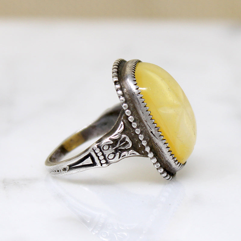 Yellow "Sand Dollar" Art Glass & Sterling Ring