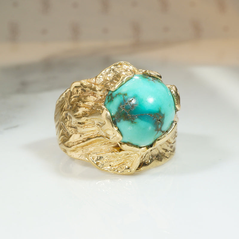 Captivating 1960s Brutalist Gold and Turquoise Ring