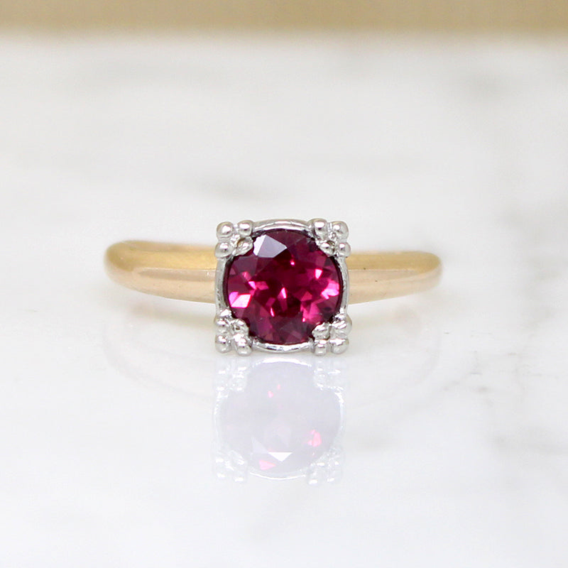 Rhodolite Garnet Solitaire Ring in Two-Tone Gold