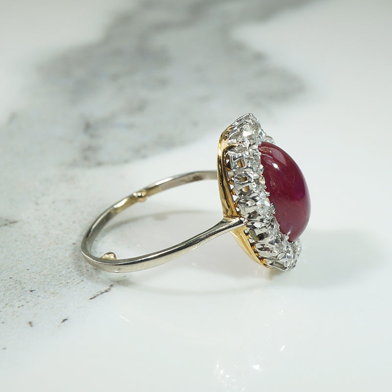 Magnificent Ruby Cabochon in Diamond Halo Ring